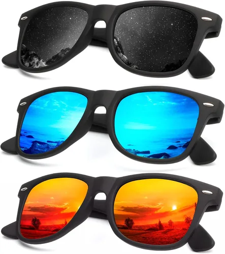 KALIYADI Lentes de sol polarizados para hombres y mujeres, con acabado mate, lentes de espejo de color, bloqueo UV (paquete de 3)