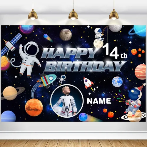 Miniatura 12 de Cartel personalizado de decoración de cumpleaños con temática de baloncesto de 14 años, pancarta de tela personalizada para suministros de fiesta