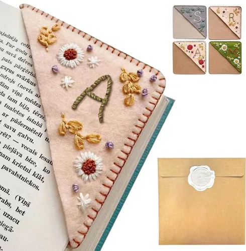 Miniatura 24 de Marcapáginas de esquina bordado a mano personalizado, 26 letras con costura a mano de fieltro, marcapáginas de esquina con bordado de flores lindo