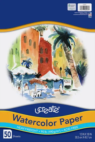 UCreate Art1st UCreate Papel de Acuarela, Blanco, Paquete, 90 lb., 12" x 18", 50 Hojas