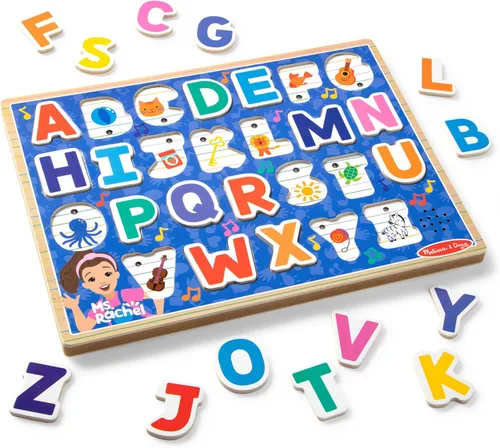 Melissa & Doug® Ms. Rachel™ Rompecabezas de sonido del alfabeto fonético de madera con efectos de sonido activados por luz, juguetes para niños y