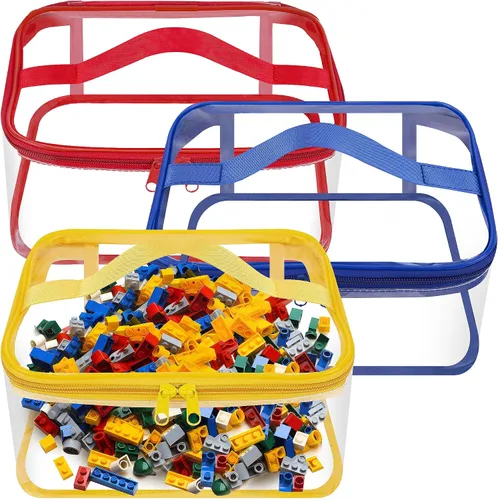 Paquete de 3 bolsas transparentes de almacenamiento de juguetes, 9.4 x 6.7 x 4.3 pulgadas, bolsas organizadoras de juguetes de PVC transparente con