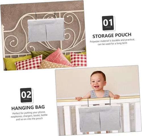 Miniatura 2 de Práctica cesta de almacenamiento colgante para mesita de noche, multiusos, bolsillos para dormitorio, litera, loft, dormitorio universitario, rieles