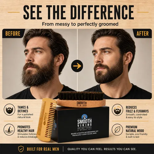 Miniatura 4 de Cepillo de barba para hombre - Con cerdas de jabalí para fácil mantenimiento - Cuidado facial, peine para cabello para el acondicionamiento, Beige