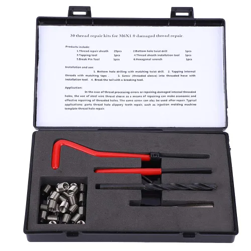 Kit de reparación de roscas de 30 piezas, M6 x 1 (longitud 2D) de acero inoxidable torcido, herramienta de inserción roscada, kit de reparación de