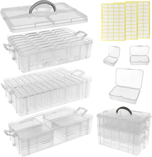 Miniatura 8 de Paquete de 24 cajas de almacenamiento pequeñas de plástico con tapas con bisagras, contenedores organizadores apilables transparentes en 4 tamaños