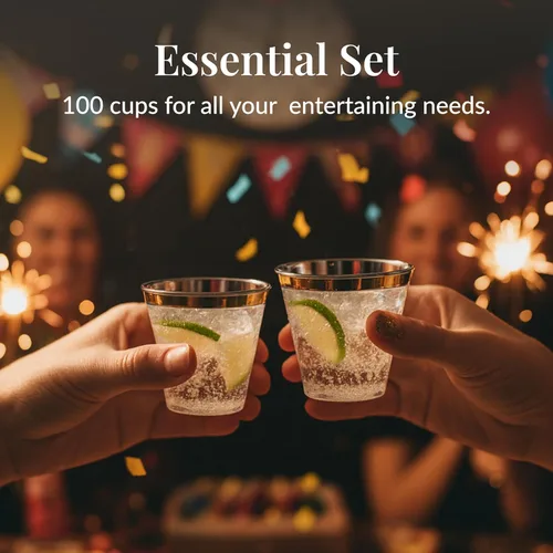Miniatura 4 de Prestee Paquete de 100 vasos de plástico desechables con borde dorado de 9 onzas para embutidos, bodas, fiestas y eventos, elegantes tazas de cóctel