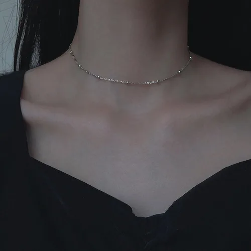 Miniatura 3 de LOVPEPY Gargantilla simple para mujer, plata de ley 925, delicado dije de cuentas satélite, cadena de clavícula, joyería minimalista, regalo