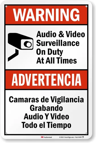 Miniatura 12 de SmartSign-S-9392-AL-14 Advertencia - Vigilancia de Audio y Video En Servicio en Todo Momento Letrero Bilingüe 10" x 14" de Aluminio - Negro/Rojo