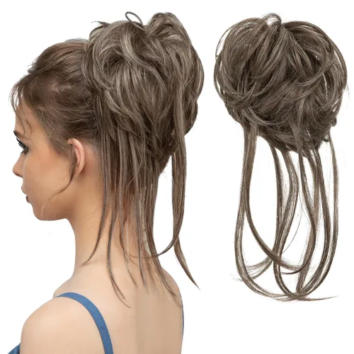Miniatura 18 de CJL HAIR - Extensión de cabello tipo coletero de chongo desordenado, rizado, sintético, con colas rectas, scrunchies para peinados de moño