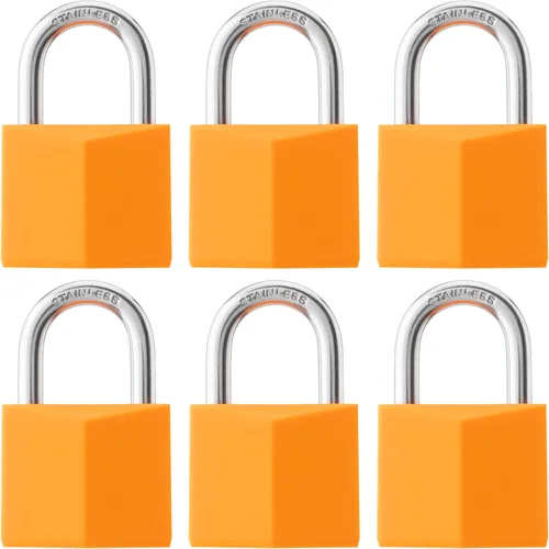 Miniatura 9 de Paquete de 12 cerraduras con llave igual, candado de latón cubierto naranja con grillete de acero inoxidable, cuerpo de bloqueo de 1-9/16 pulgadas