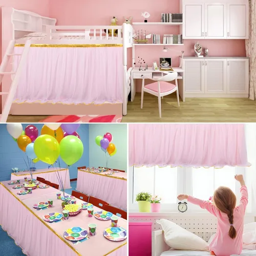 Miniatura 8 de Falda de tul con lentejuelas doradas para mesa de 6, 9 ó 14 pies, para fiestas de novia, bodas, fiestas de cumpleaños, etc., 6 ft, Rosado