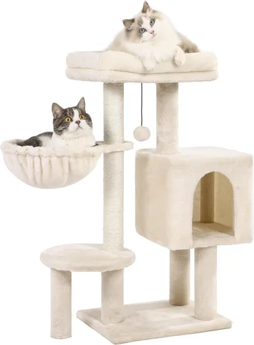 Árbol pequeño para gatos beige torre para gatos con poste rascador de 32 pulgadas con casa condominio para gatos, hamaca acogedora y cama superior