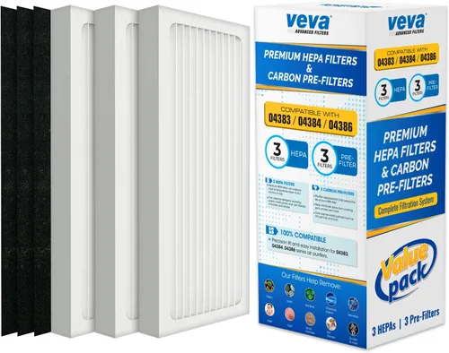 VEVA Filtro HEPA de repuesto compatible con purificador de aire Hamilton Beach 04383, 04384, 04386, paquete de 3 filtros HEPA con 3 prefiltros de