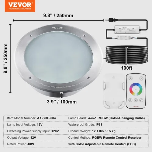 Miniatura 7 de VEVOR Luz LED para piscina, 120 V CA 40 W, 10 pulgadas RGBW que cambia de color bajo el agua, incluye cable de 100 pies y control remoto