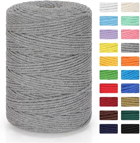 Cordón de macramé de 0.118 in x 328 yardas | Cuerda de macramé 100% algodón natural | Cuerda de algodón trenzado de 4 hebras para manualidades, Gris