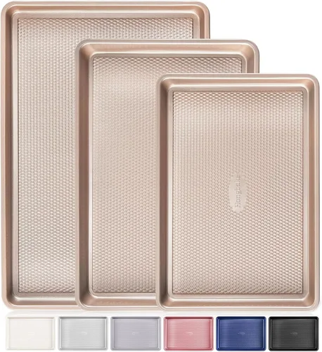 Miniatura 13 de HONGBAKE Juego de 3 bandejas antiadherentes de cerámica para horno, no tóxicas de medio cuarto/gelatina con textura de diamante, bandejas