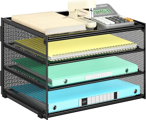Lavatino Bandeja organizadora de papel de escritorio de 3 niveles, bandeja de archivos de metal de malla negra para escritorio, suministros de