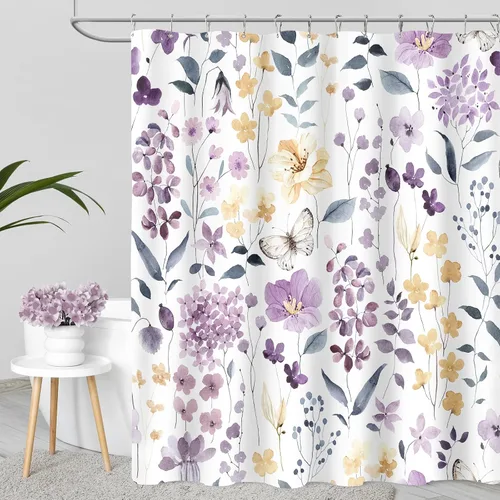 Miniatura 21 de MAYZUS Cortina de ducha con flores azules acuáticas, lindas cortinas de tela con flores para baño, juego de cortinas de tela de aguamarina