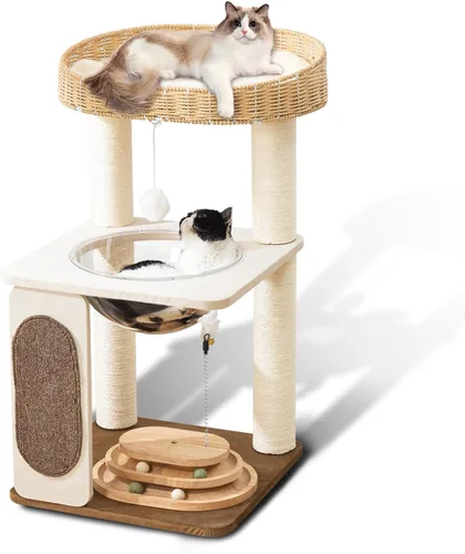Árbol moderno para gatos de interior con postes rascadores de cuerda de sisal, condominio tejido a mano y percha superior, nido de cápsula espacial,
