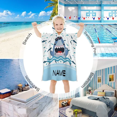 Miniatura 3 de Toalla de baño personalizada con capucha para niños, añade tu nombre, lindo poncho de natación de tiburón, toalla de playa personalizada con capucha