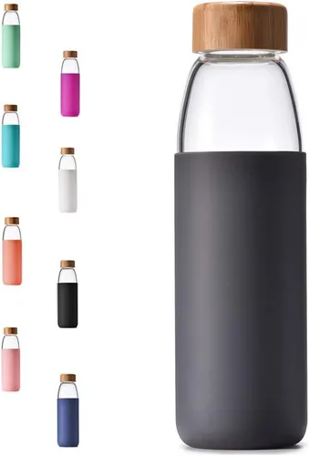 Miniatura 11 de Botellas de agua de vidrio de borosilicato de 25 onzas con tapa de bambú, sin BPA, funda de silicona antideslizante y tapa a prueba de fugas de Azul