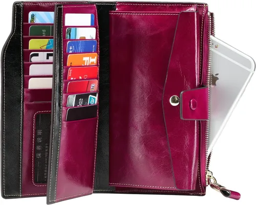 Miniatura 44 de Itslife - Cartera de piel sintética encerada para mujer con bloqueo de identificación de radio frecuencia (RFID), de gran capacidad, encerada