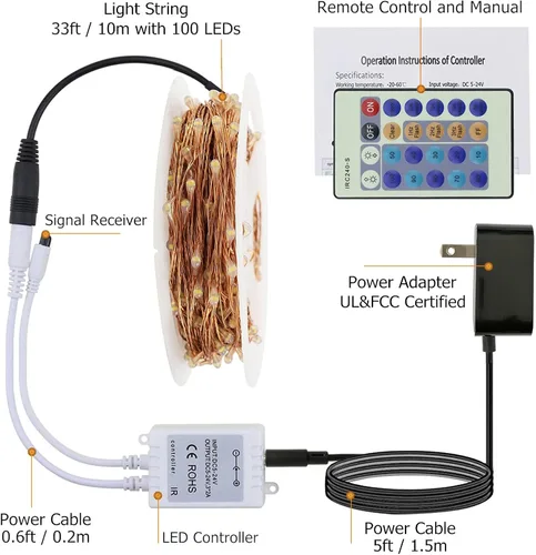 Miniatura 8 de RUICHEN Cadena de luces LED de alambre de cobre regulable de 33 pies, 100 luces LED enchufables con control remoto, blanco cálido