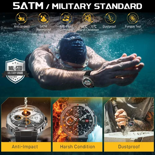 Miniatura 3 de Reloj inteligente militar para hombre, 1.43 pulgadas, AMOLED GPS, 5ATM, impermeable, resistente, rastreador de actividad física con brújula