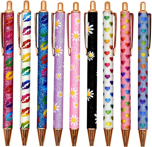 9 bolígrafos de corazón con purpurina brillante, de metal, margaritas, bolígrafos retráctiles, con estampado de labios, para bodas, mujeres, damas,