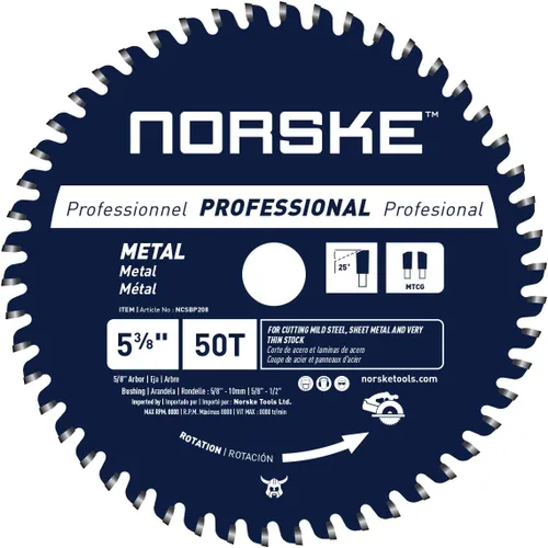 Norske Tools NCSBP208 - Hoja de sierra de corte de metal 50T de 5-3/8 pulgadas para techos, revestimientos, tubos, pernos y más, 2 bujes (5/8