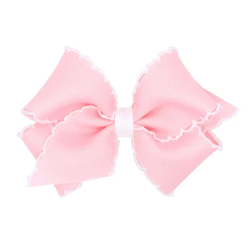 Miniatura 63 de Wee Ones - Lazo clásico de grogrén con borde de puntadas lunares para niñas, con clip para cabello WeeStay, borde en contraste, King, blanco