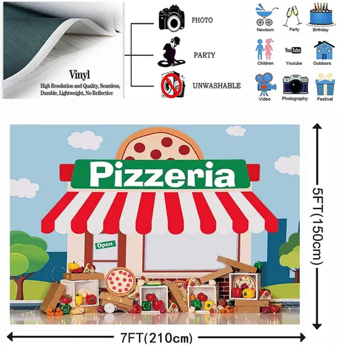 Miniatura 4 de Fondo de fiesta de pizza para niños, tema de cocina, pancarta para fiesta de cumpleaños, pizzería, tienda de comida, verduras, fondo de chef, postre