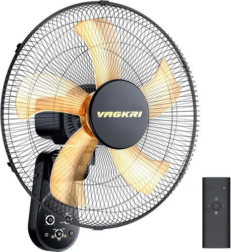VAGKRI Ventilador de montaje en pared de 16 pulgadas, ventilador oscilante silencioso con control remoto, 5 velocidades, temporizador de 8 horas,