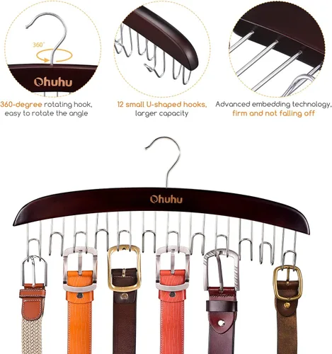 Miniatura 8 de Organizador de colgadores para cinturón para clóset: Ohuhu con 12 ganchos, máximo 36 cinturones, colgador de corbatas, soporte de cinturón de Nogal