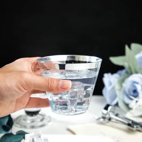 Miniatura 6 de I00000 200 piezas de vasos de plástico desechables plateados de 9 onzas, vasos de plástico transparentes de 9 onzas, vasos estilo antiguo de borde