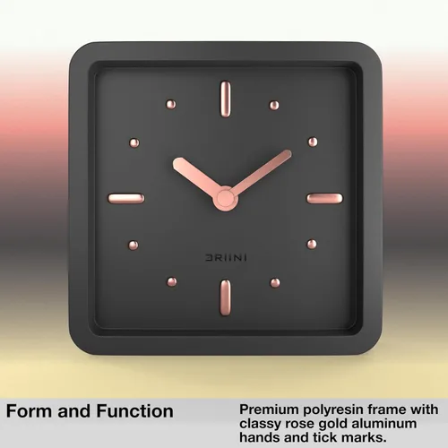 Miniatura 3 de Driini Reloj moderno de mediados de siglo para escritorio y estante (negro y oro rosa) - funciona con pilas, con movimiento analógico silencioso