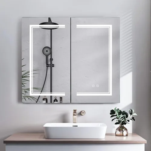 Karl home Botiquín de baño de 32 x 28 pulgadas con 2 puertas con espejo LED, gabinete de baño regulable de 3 colores montado en la pared con Blanco