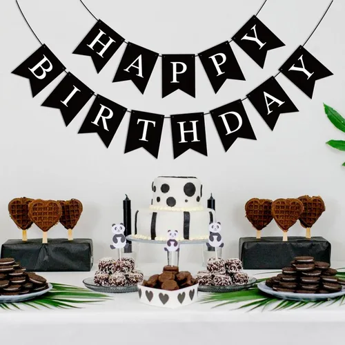 Miniatura 6 de Cartel negro de feliz cumpleaños, decoración de fiesta de cumpleaños negro para hombres y mujeres, suministros de fiesta de baby shower, bandera