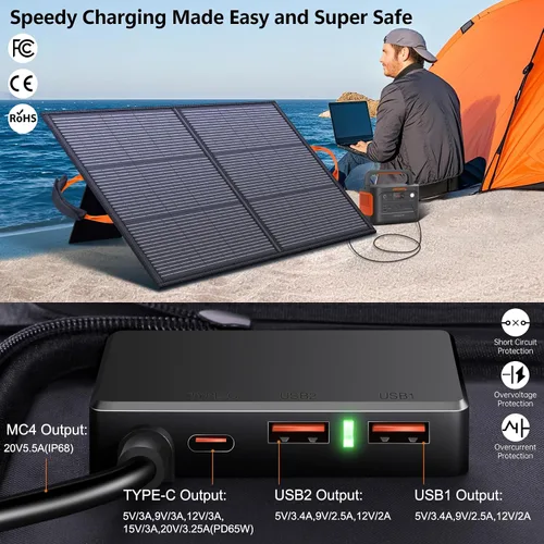 Miniatura 4 de Panel solar portátil de 110 W, ETFE IP68, impermeable, 20 V, cargador de panel solar, 25% de alta eficiencia para acampar al aire libre, portátiles