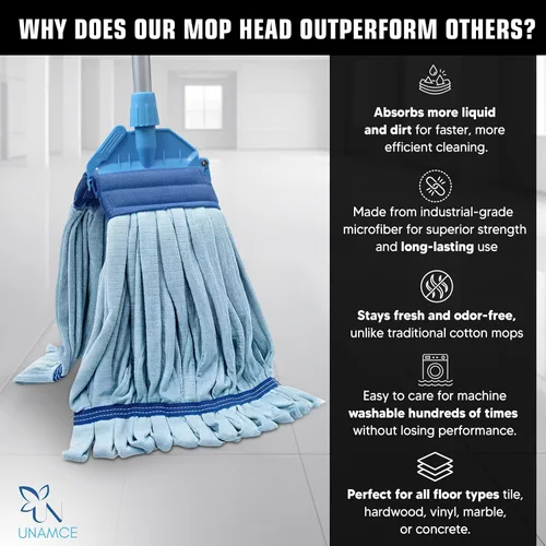 Miniatura 6 de Paquete de 2 cabezales de trapeador de microfibra resistentes de repuesto, resistente, azul, lavable a máquina, extra absorbente, extra grande