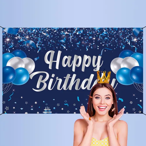 Miniatura 3 de Trgowaul Pancarta de Feliz Cumpleaños, Decoraciones de Fiesta de Cumpleaños Azul y Plateado, Suministros de Fiesta para Hombres, Mujeres y Niños
