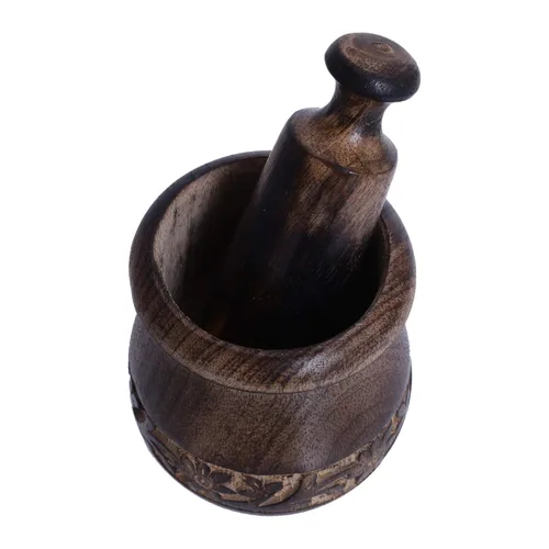 Miniatura 2 de Molinillo de especias de mortero y mortero hecho a mano de madera Okhli para hierbas, guacamole, pesto y especias, juego de mortero y mortero