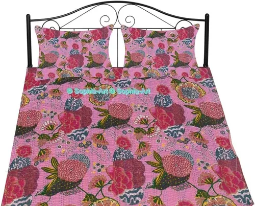 Miniatura 7 de Sophia-Art Colcha reversible de frutas indias para cama individual/king con patrón Gudri de algodón puro estilo Kantha, colcha decorativa con Rosa