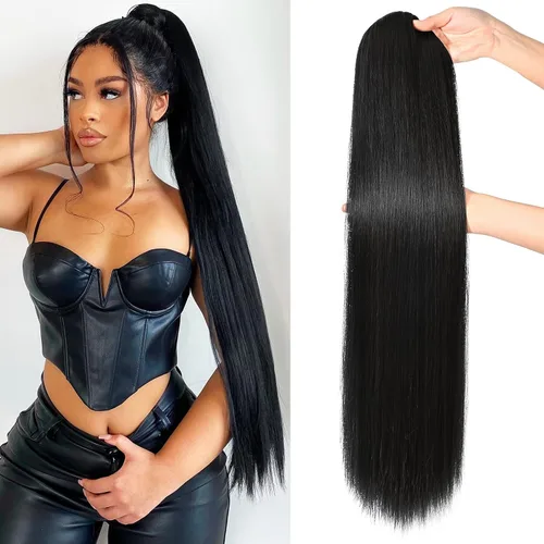 Miniatura 47 de SEIKEA Extensiones de cola de caballo con cordón, larga y recta, cola de caballo falsa, natural, suave, extensiones de cabello sintético resistente