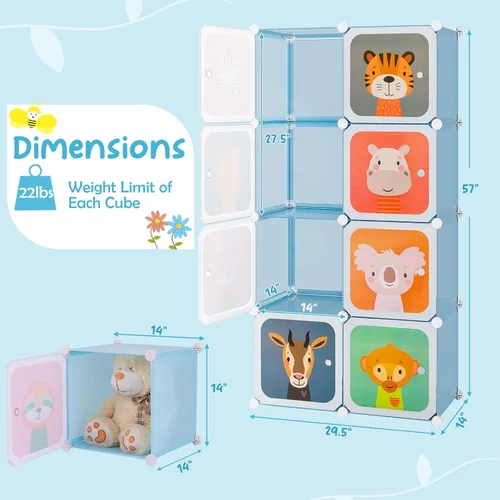 Miniatura 8 de HONEY JOY Armario para niños, organizador de almacenamiento de ropa de dibujos animados para bebés, 8 cubos y 2 secciones para colgar, armario Azul
