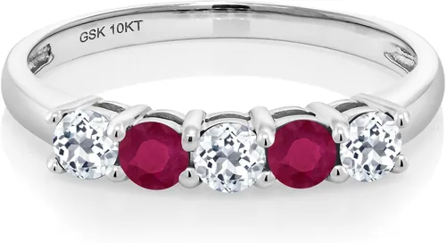 Miniatura 2 de Gem Stone King 0.70 Ct Round White Topaz Red Ruby 10K White Gold 5 Stone Anniversary 5-Stone Band Ring