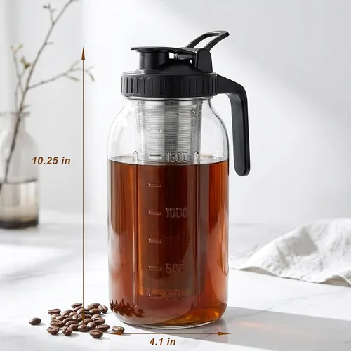 Miniatura 5 de Cafetera fría de 64 onzas de boca ancha con filtro de acero inoxidable, 2 cuartos de galón hermética y a prueba de fugas, jarra de infusión fría