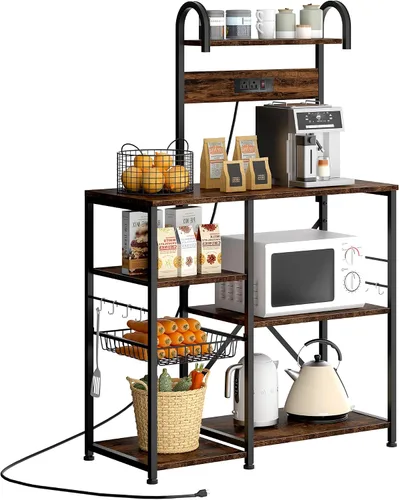 JAMFLY Estante para hornear de cocina de 35.4 pulgadas con toma de corriente, mesa de café y soporte para microondas, estante de almacenamiento con