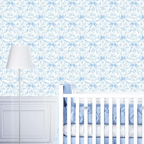 Miniatura 3 de FYSUIMU Papel Tapiz Floral con Lazo Azul Despegar y Pegar en Rollo, Papel de Contacto Coquette con Moños y Flores, Autoadhesivo, Decoración de Pared
